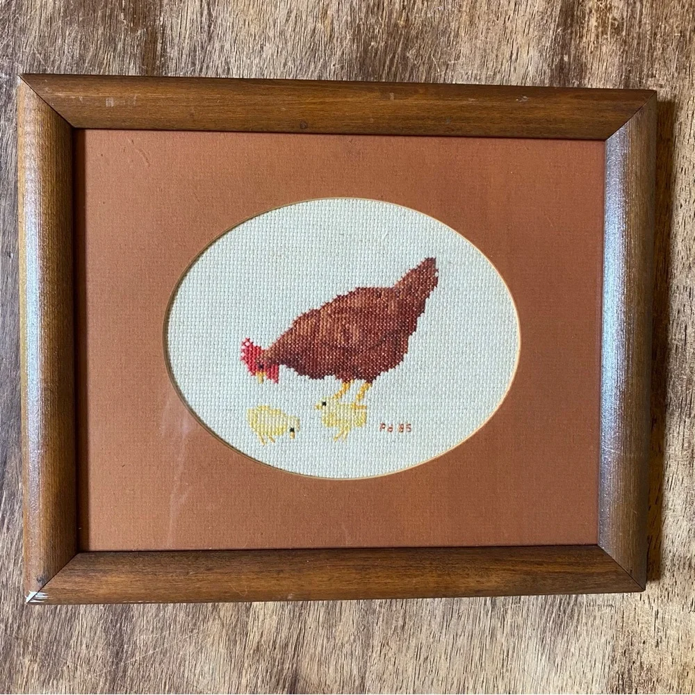 2 Vintage Handmade Cross Stitch Rooster & Chicken Wood Frame Cottagecore 11”x9” - Picture 3 of 10
